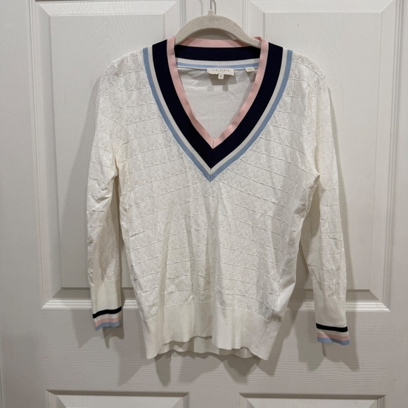 Ted Baker Sweaters - Ted Baker London ALMAHH White Pointelle V-Neck Striped Trim Sweater Size 0